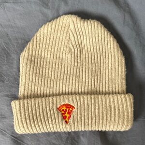 Kids Beige Knit Beanie with Pizza Patch